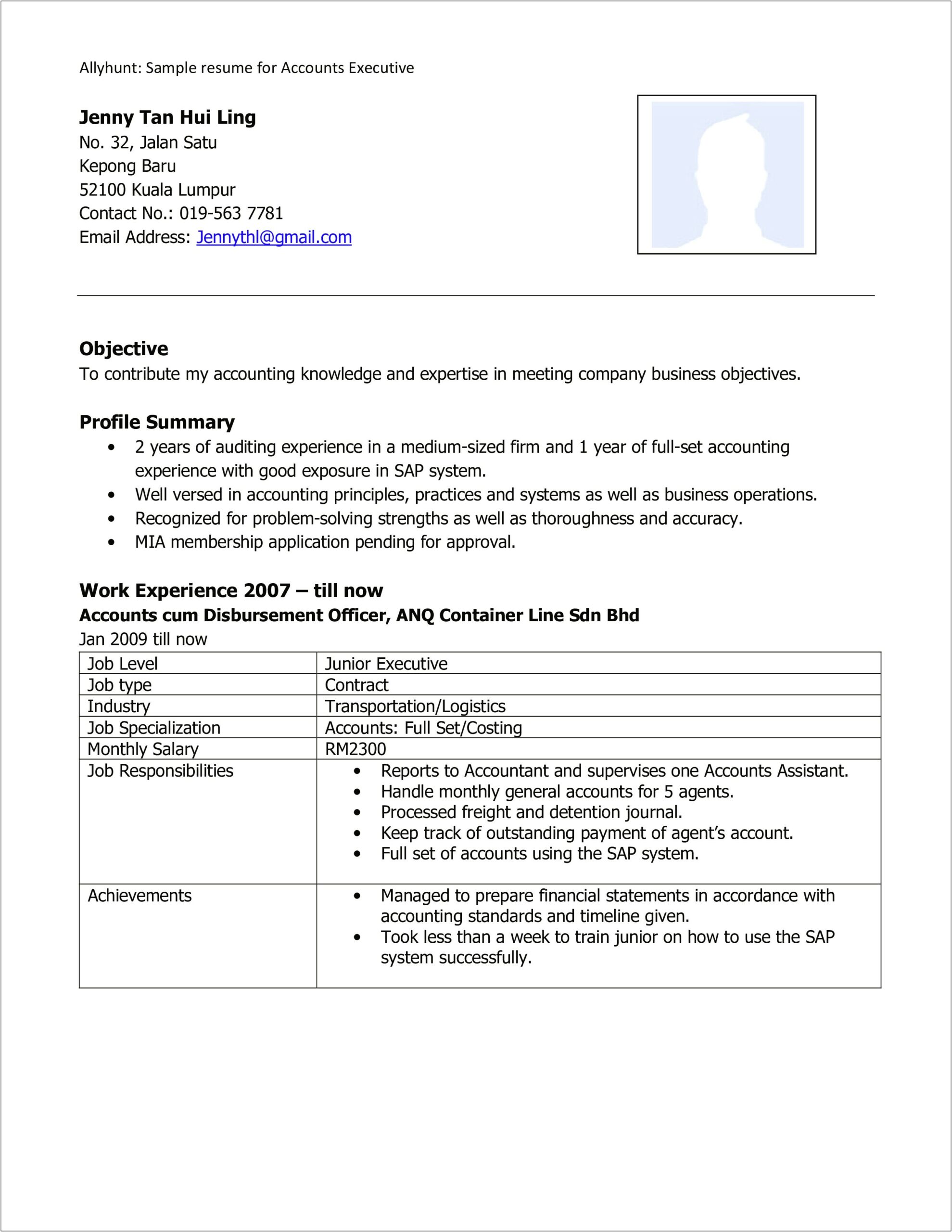 Resume Format For Accounts Executive In Word Format