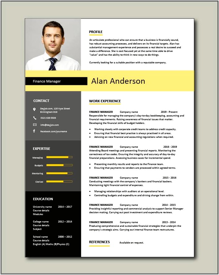 Resume Format For Accounts & Finance Manager