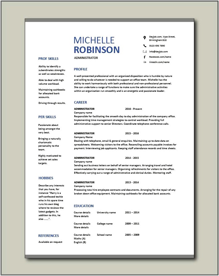 Resume Format For Administration Job In School