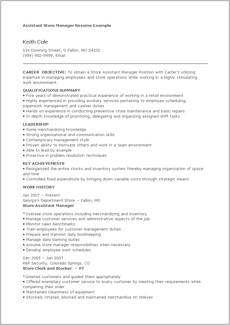 Resume Format For Assistant Store Manager