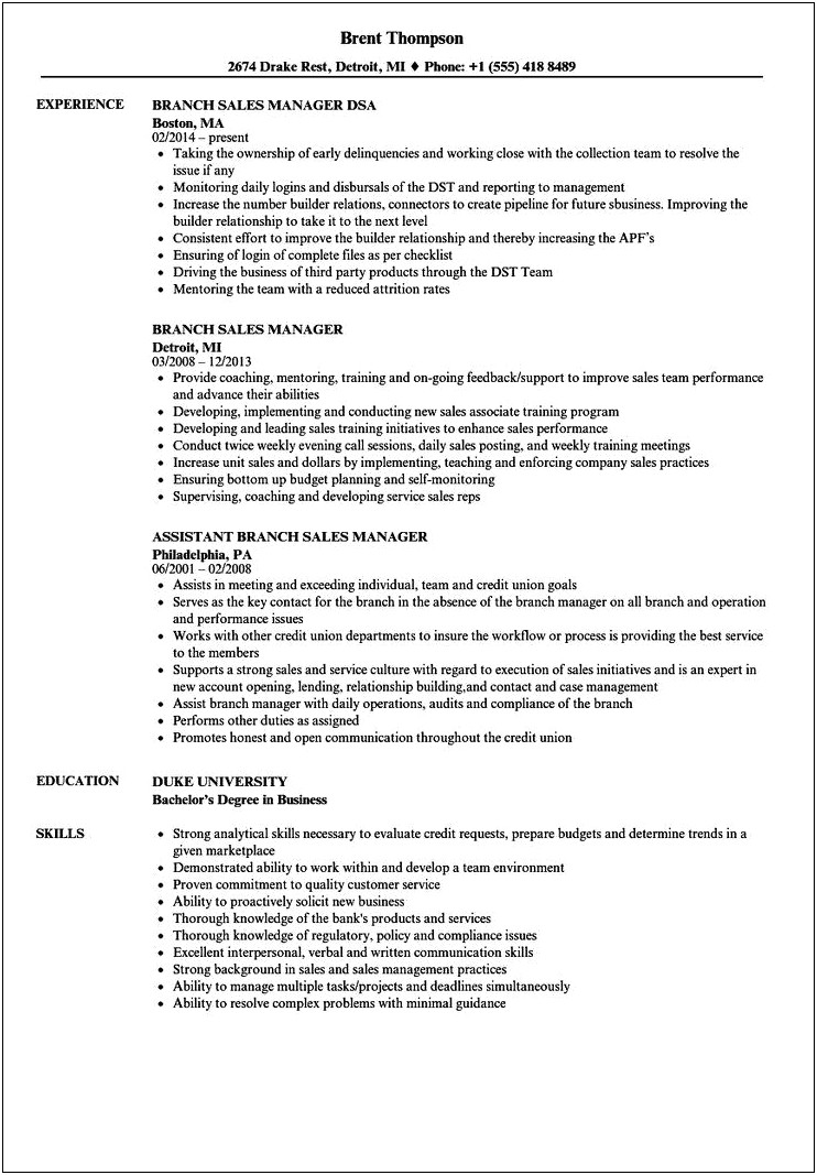 Resume Format For Banking Sales Manager