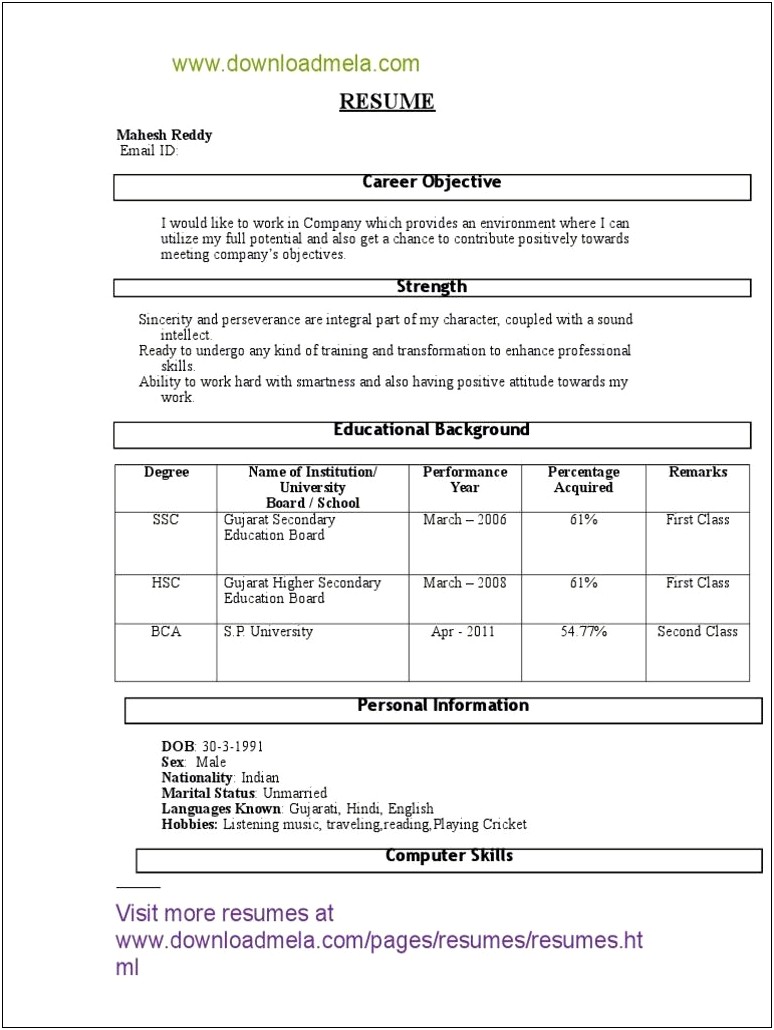 Resume Format For Bca Freshers In Ms Word