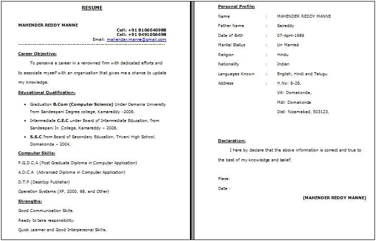 Resume Format For Bcom Students With No Experience