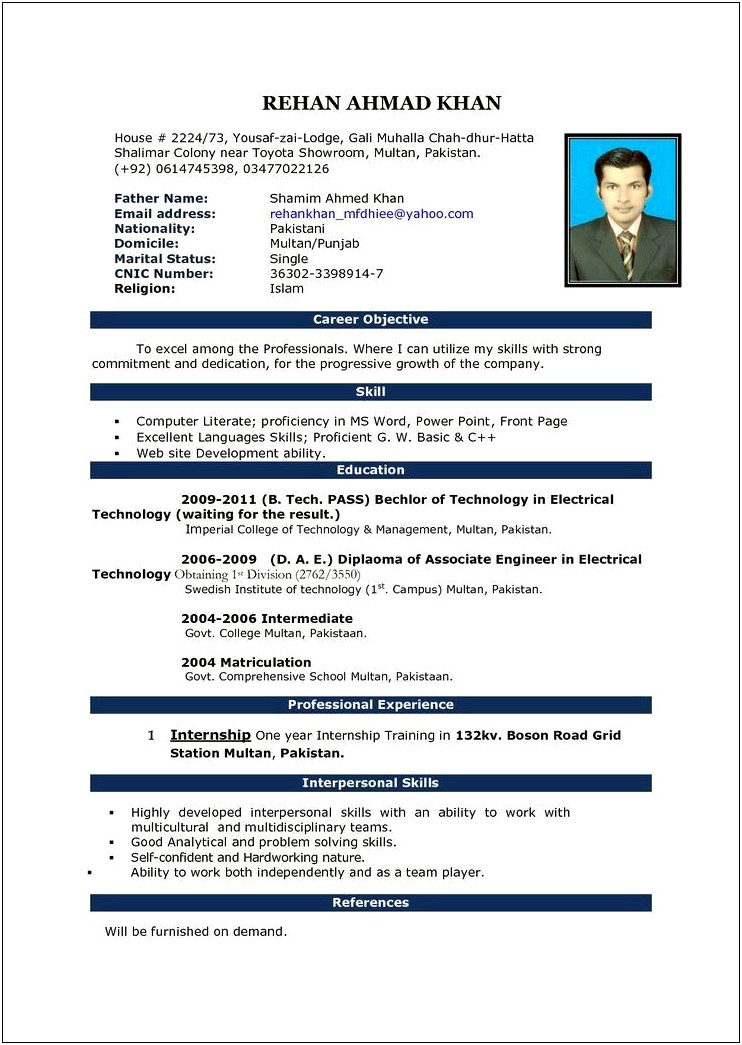Resume Format For Btech Freshers In Ms Word