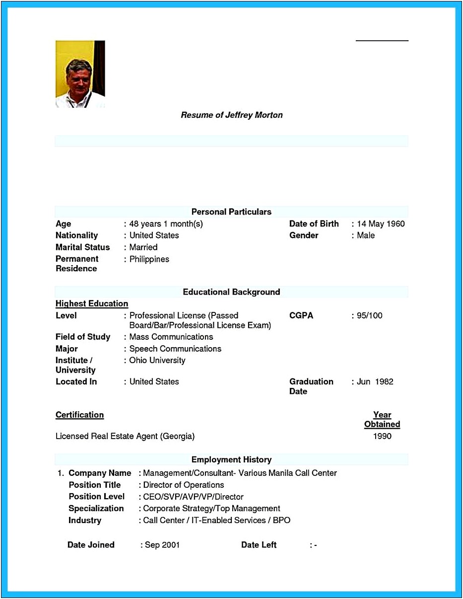 Resume Format For Call Center Job Fresher