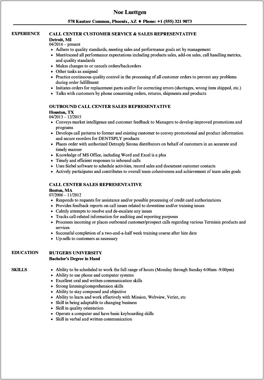 Resume Format For Call Center Job