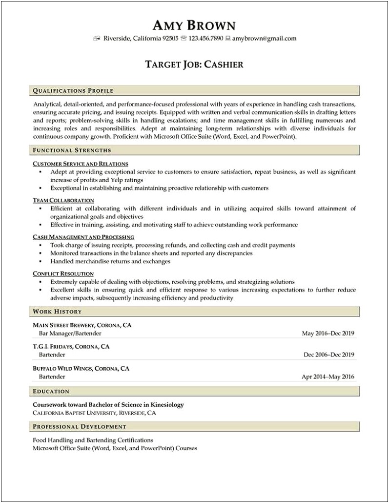Resume Format For Cashier Job