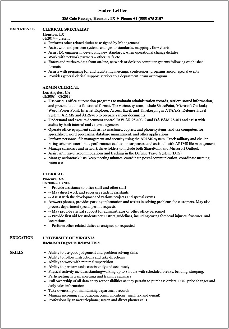 Resume Format For Clerical Job