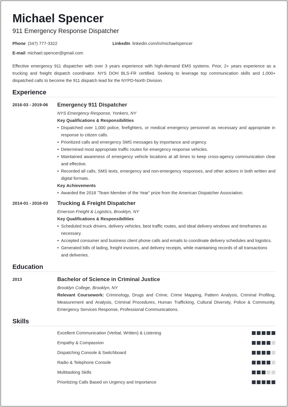 Resume Format For Dispatch Manager