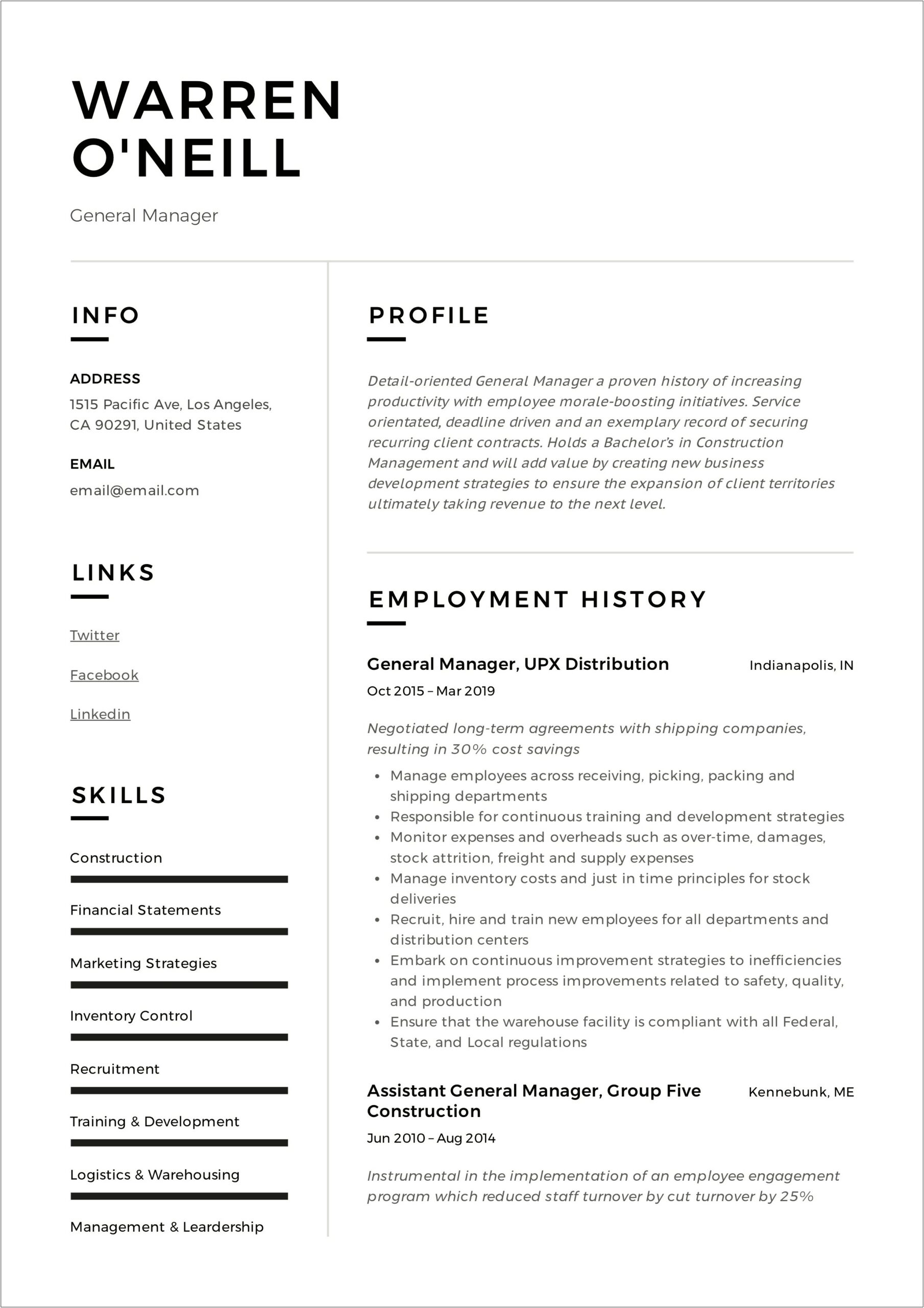 Resume Format For Duty Manager