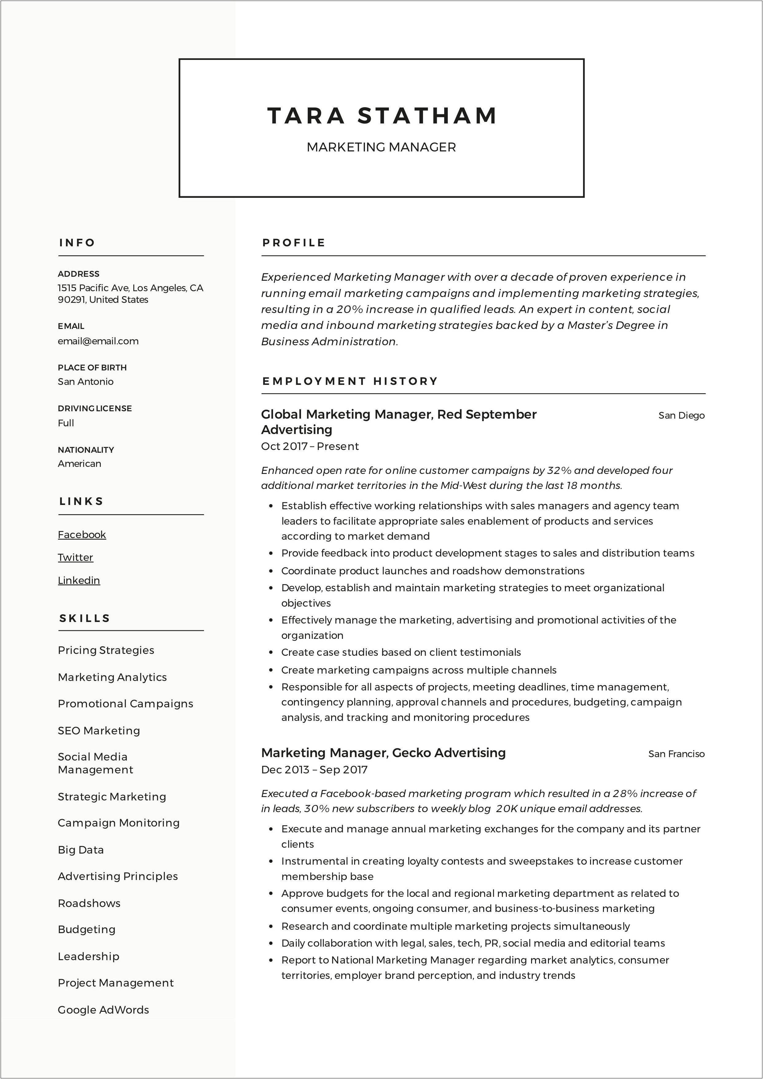 Resume Format For Fmcg Sales Manager