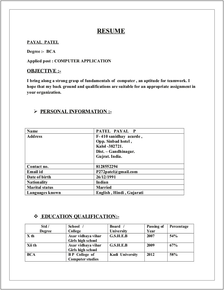Resume Format For Freshers Bca Free Download Doc