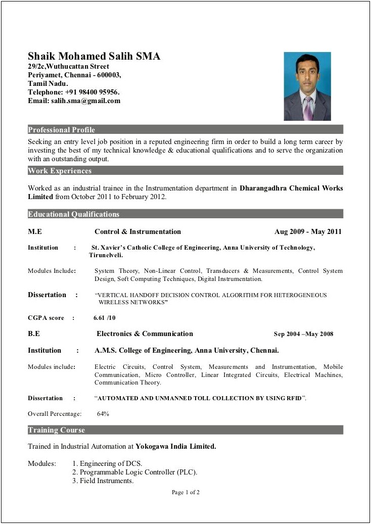 Resume Format For Freshers Engineers Doc Free Download