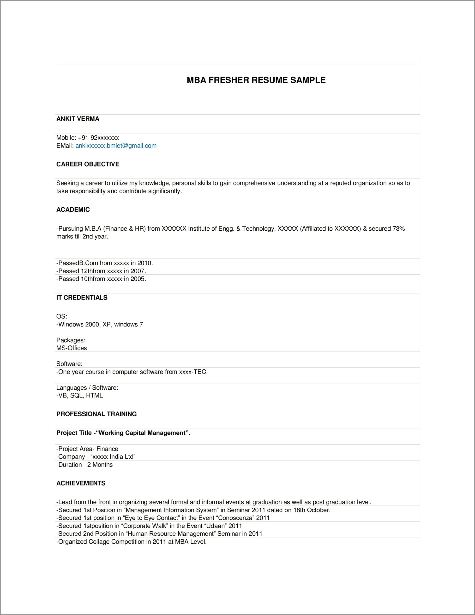 Resume Format For Freshers Mba Finance Free Download