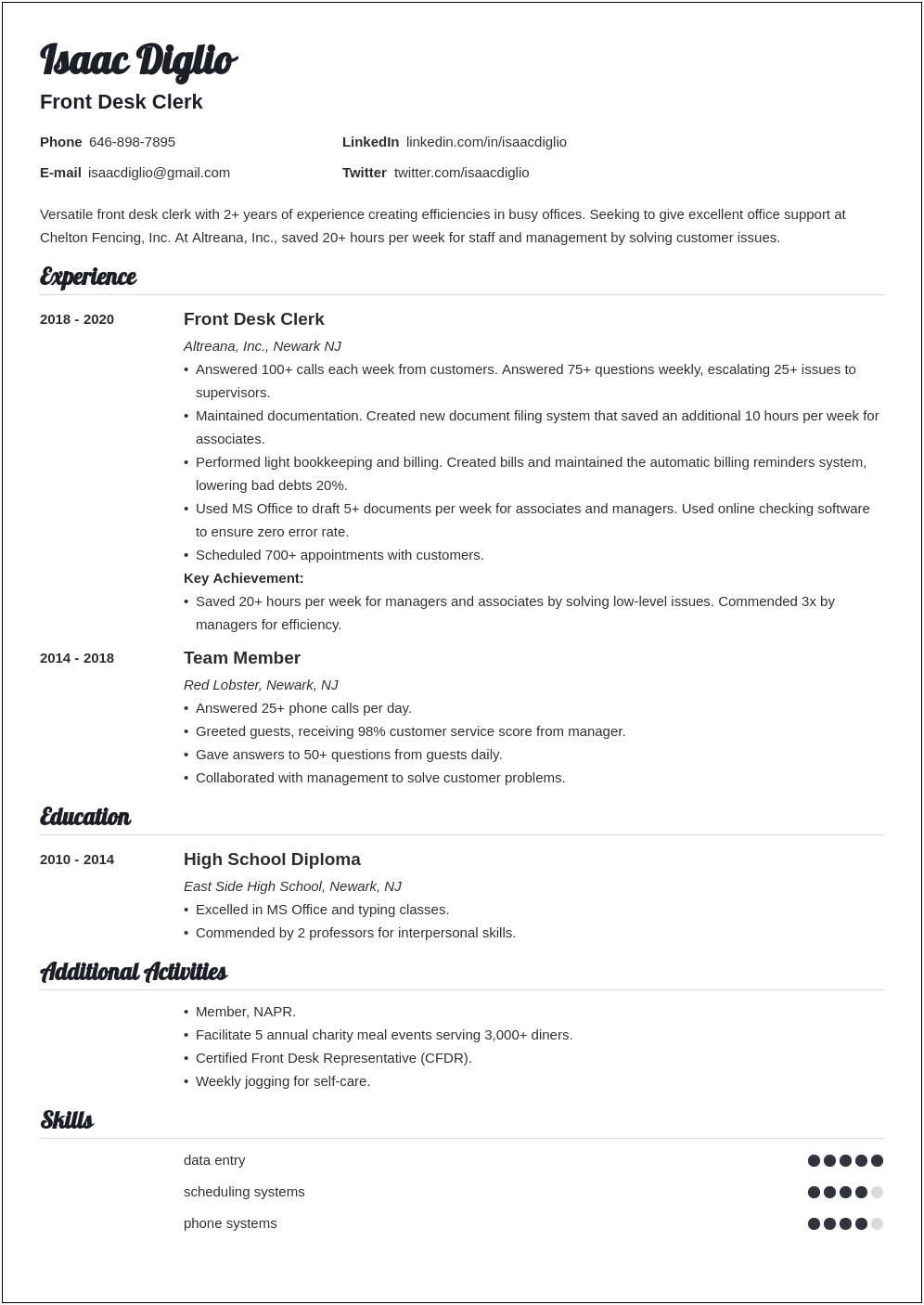 Resume Format For Front Office Manager