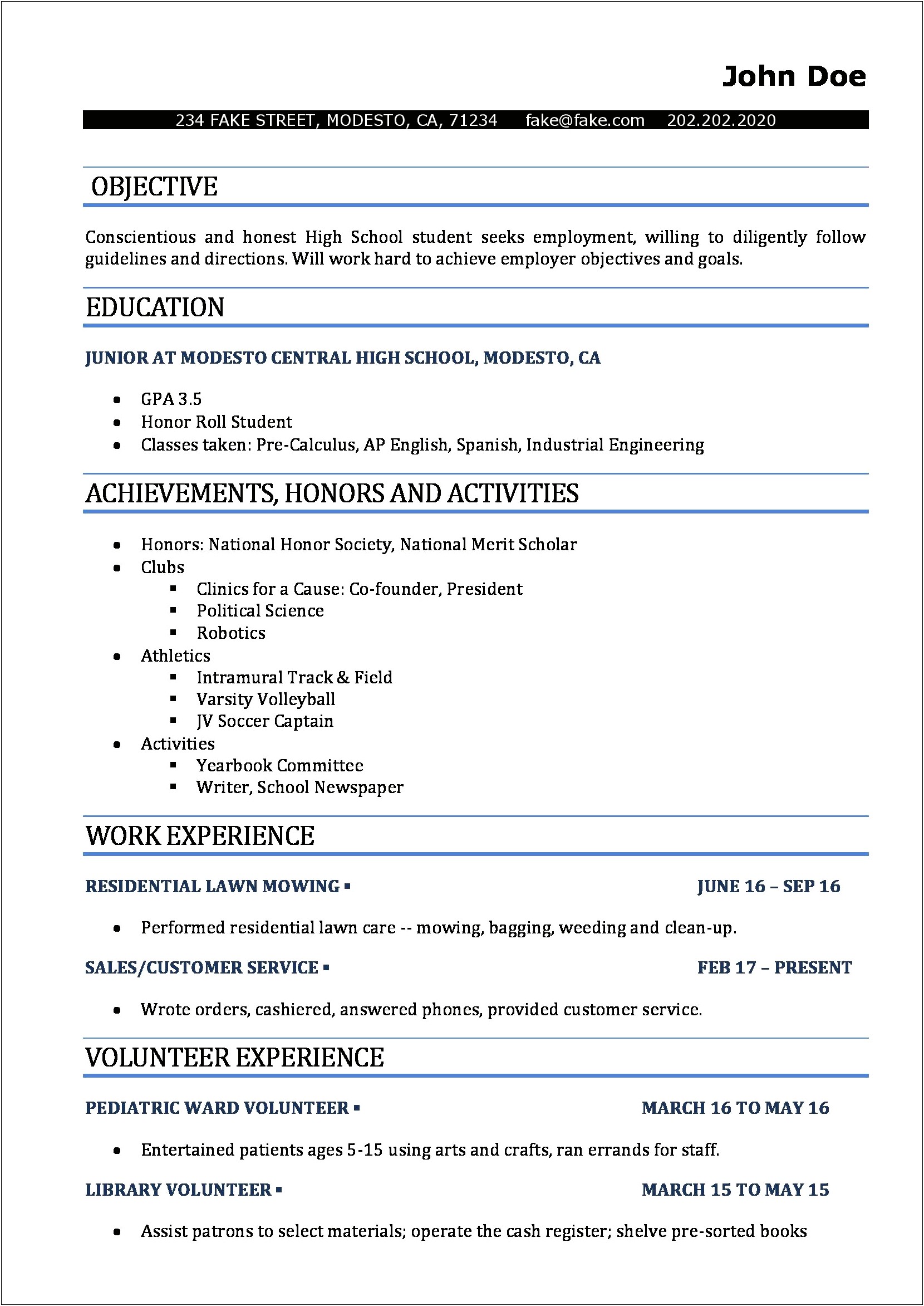 Resume Format For High School Junior Volunteers