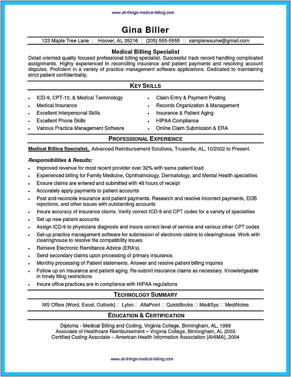 Resume Format For Hospital Billing Manager