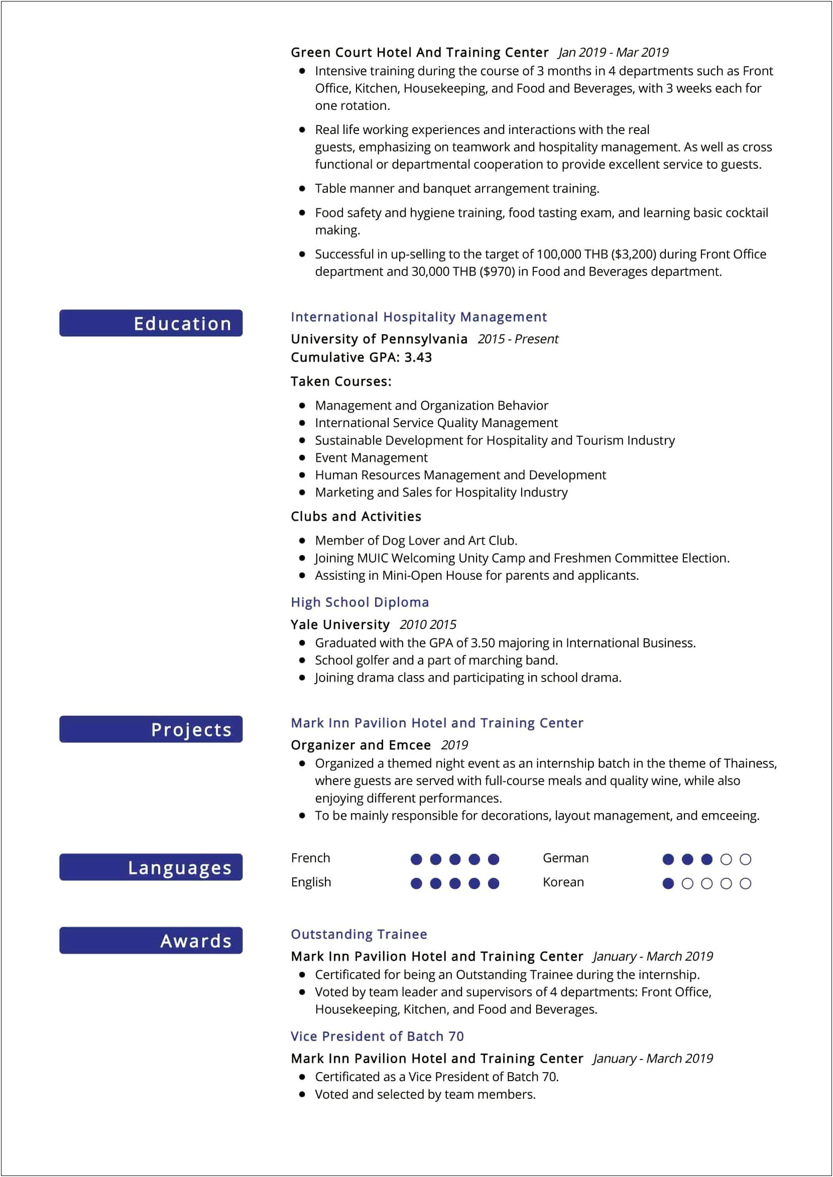 Resume Format For Hotel Duty Manager