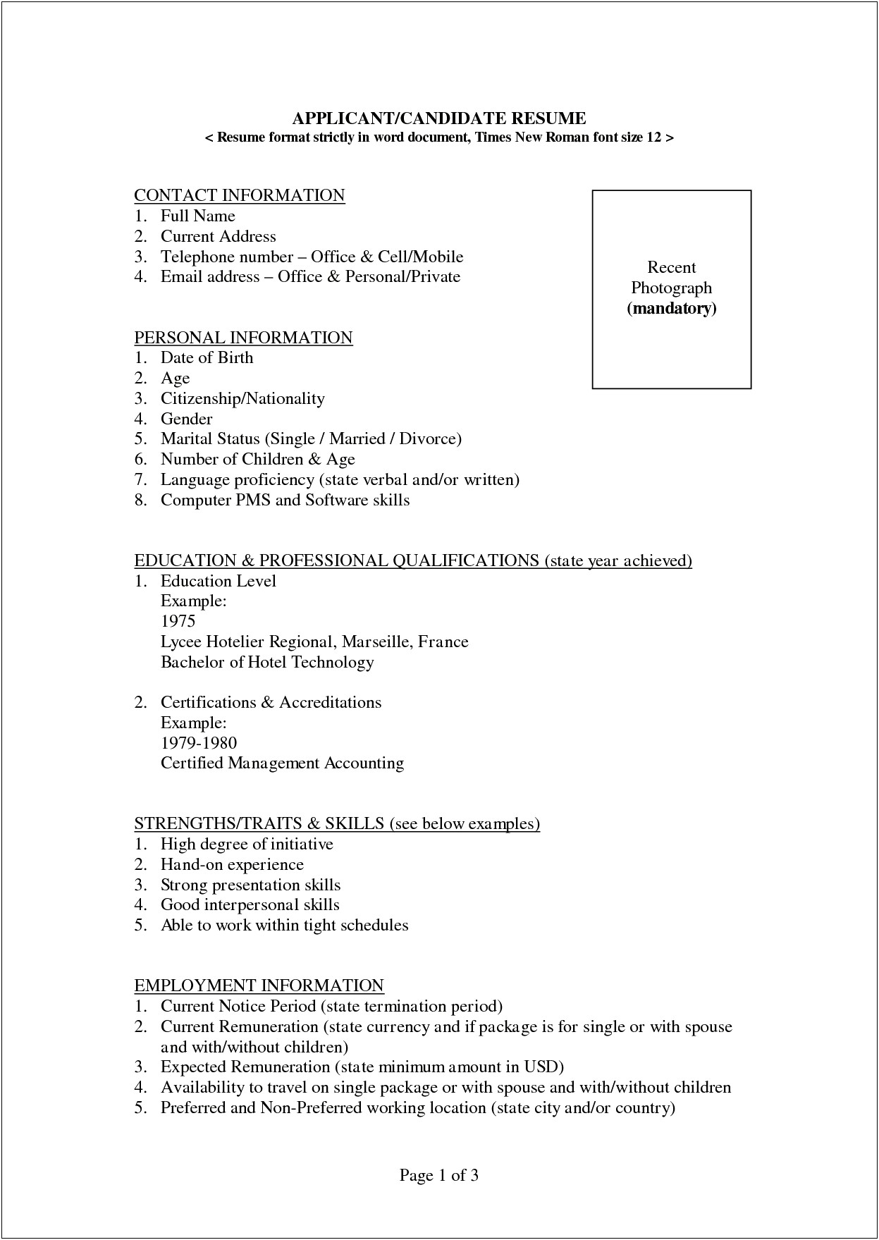 Resume Format For Hotel Job Pdf