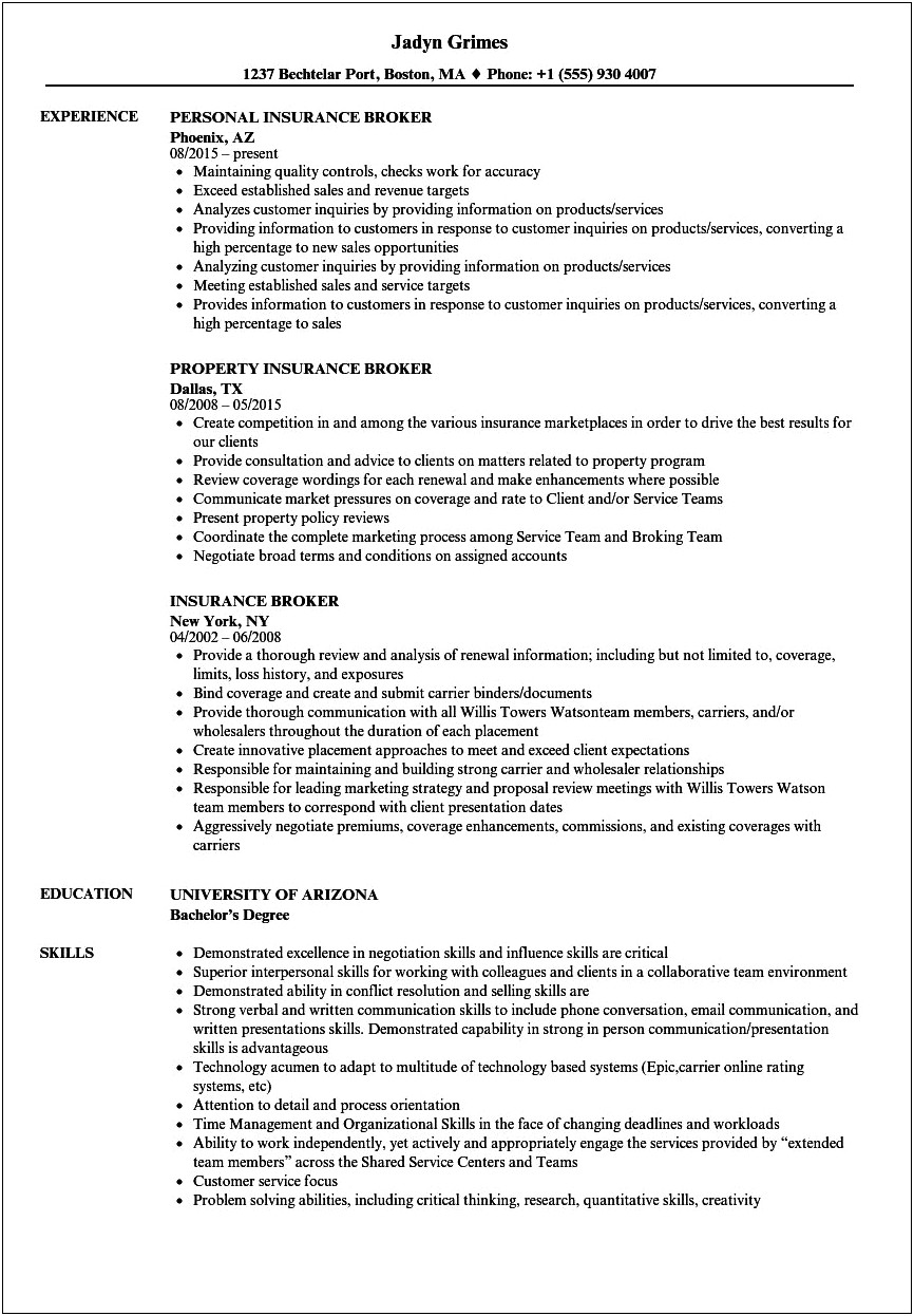 Resume Format For Insurance Jobs