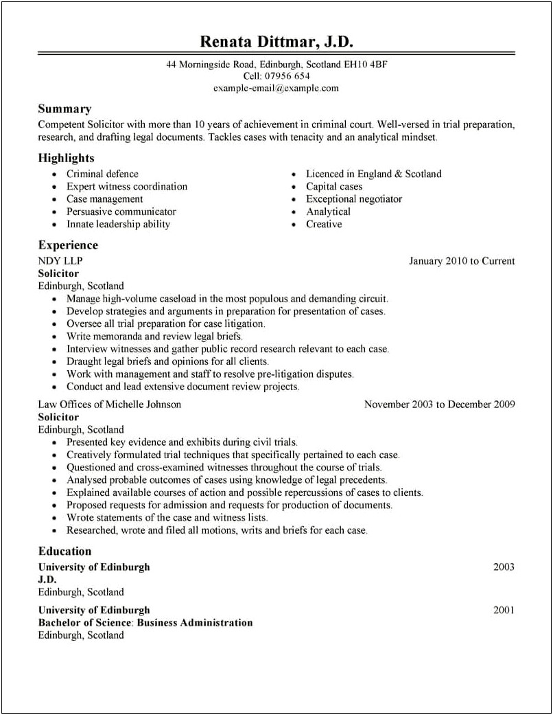 Resume Format For Legal Job