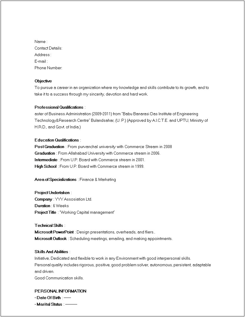 Resume Format For Marketing Executive In Word