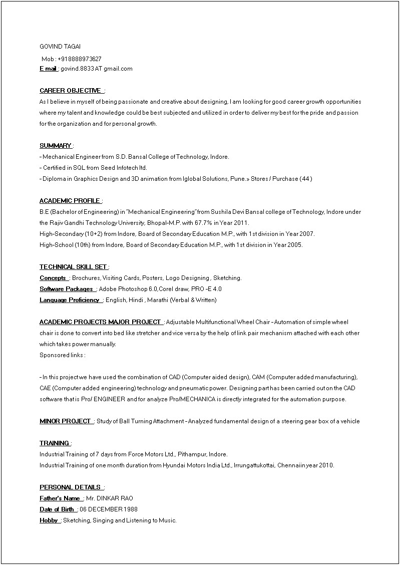 Resume Format For Mr Job