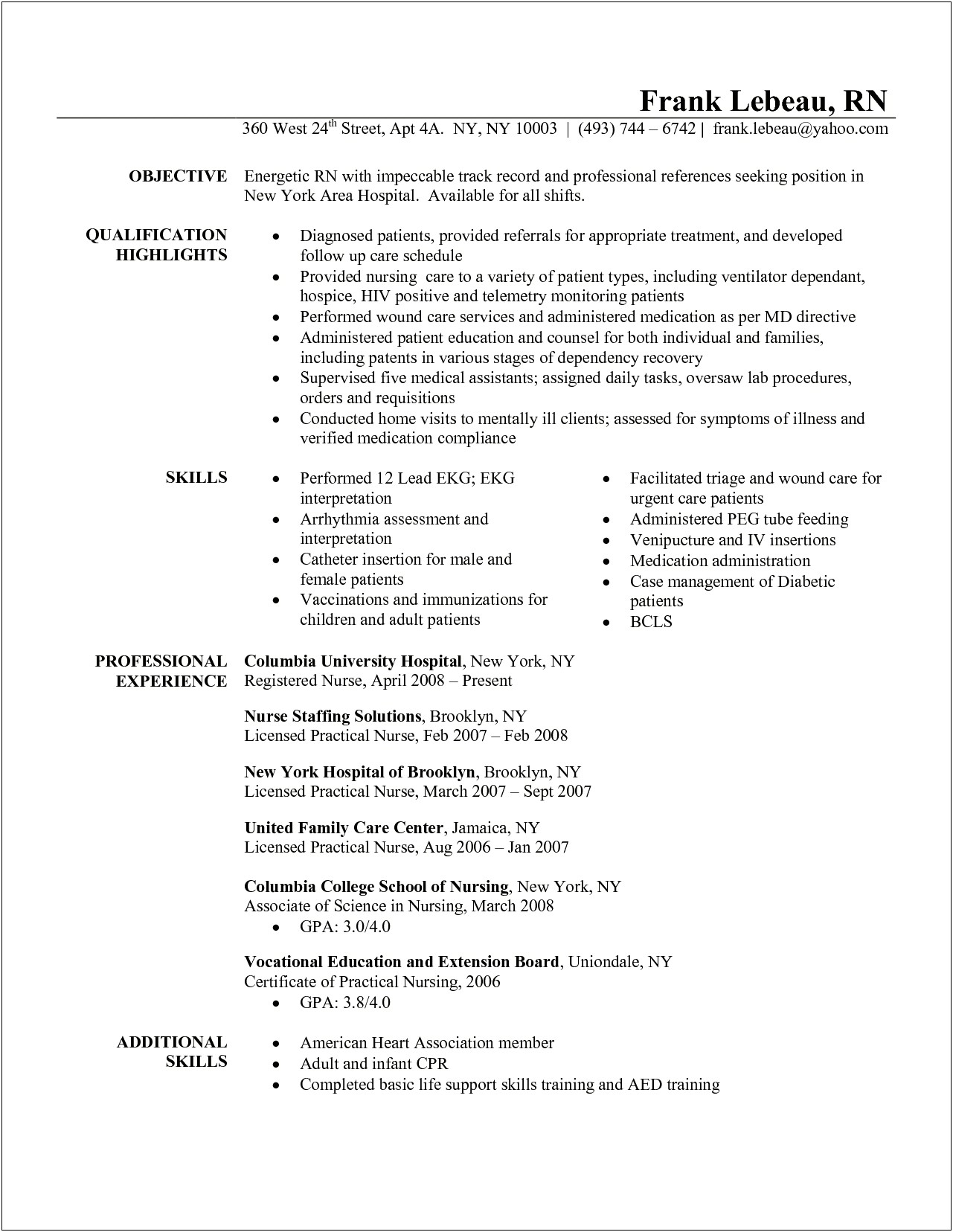 Resume Format For Nursing Job