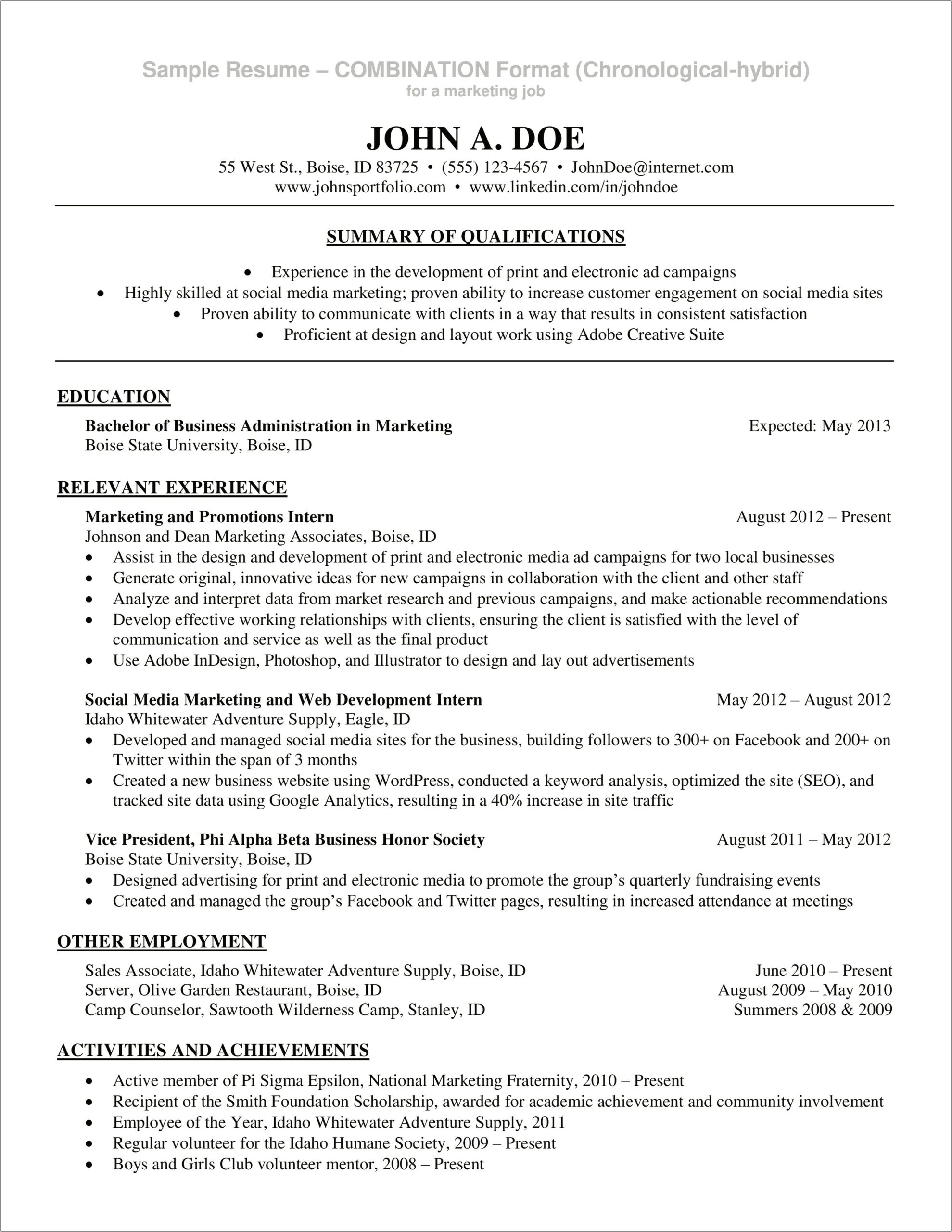 Resume Format For Part Time Job