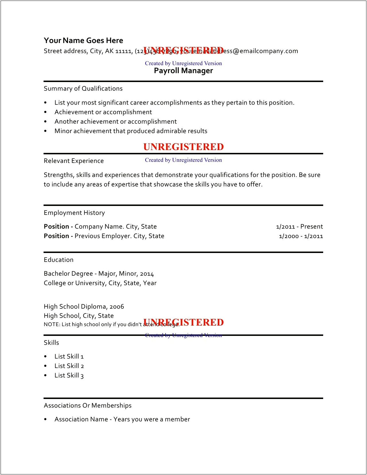 Resume Format For Payroll Manager
