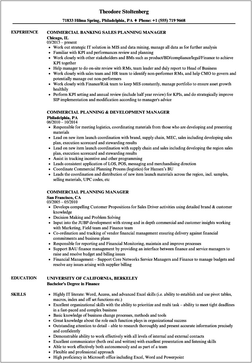 Resume Format For Planning Manager