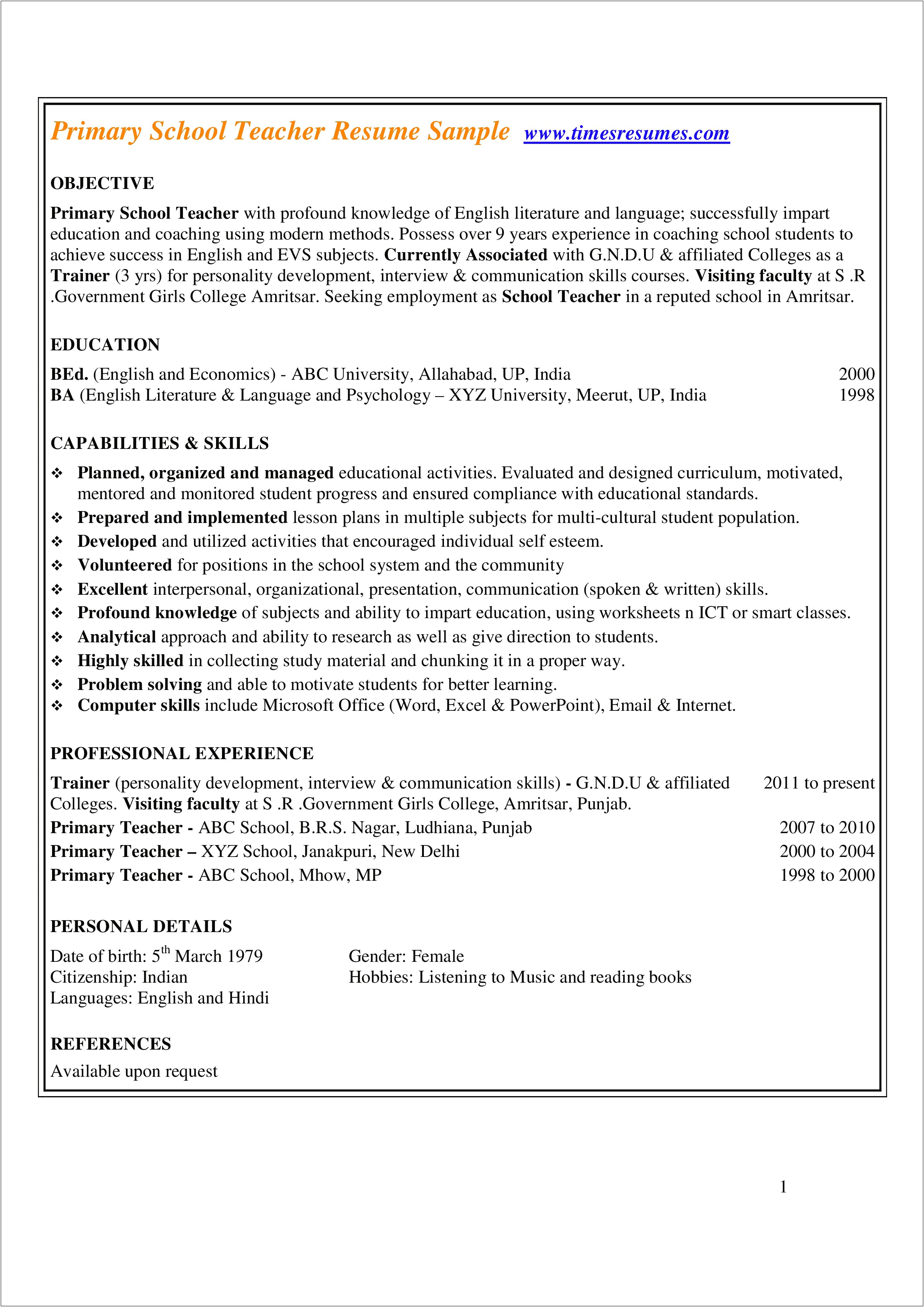 Resume Format For Primary Teacher Job In India