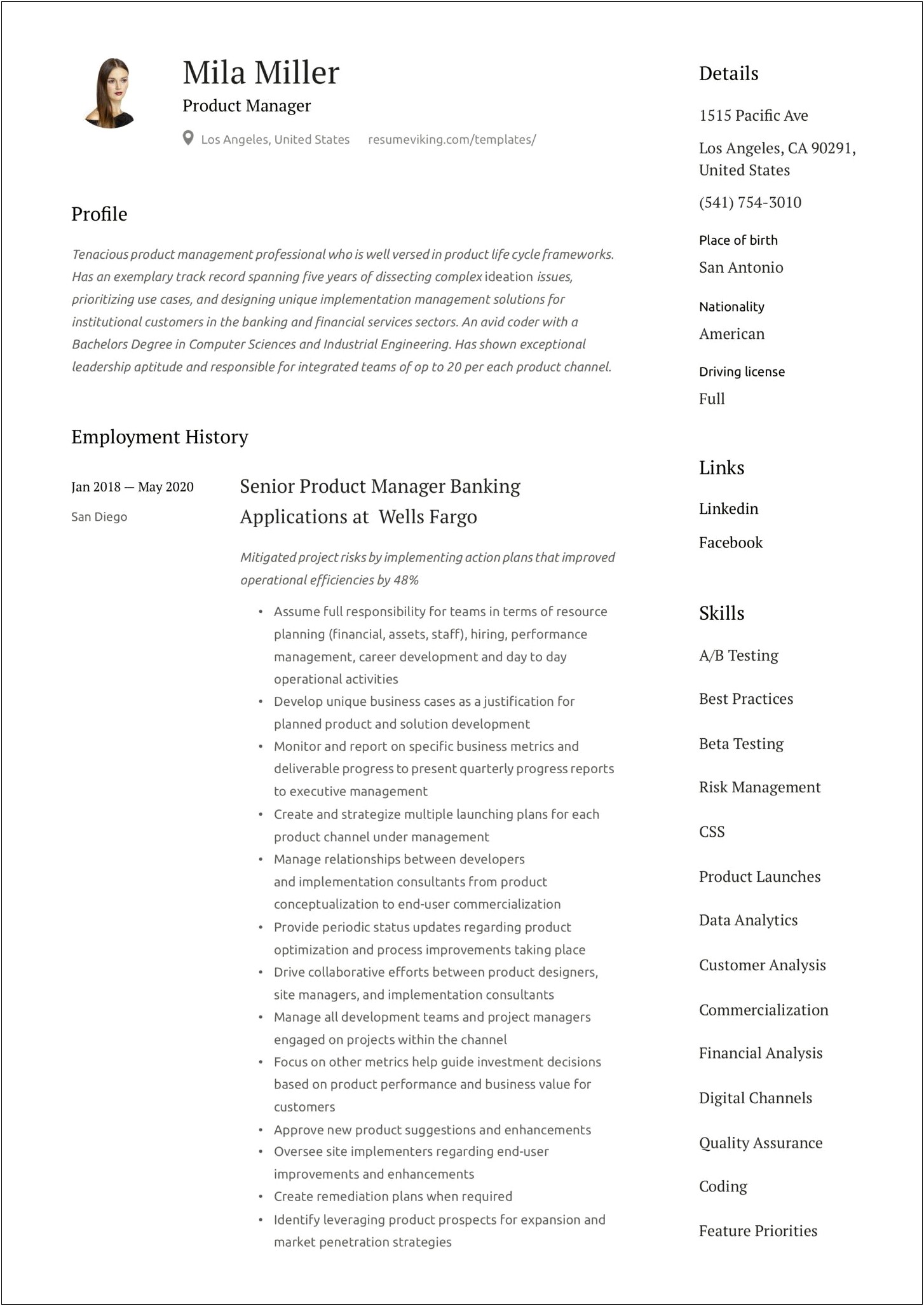 Resume Format For Product Management
