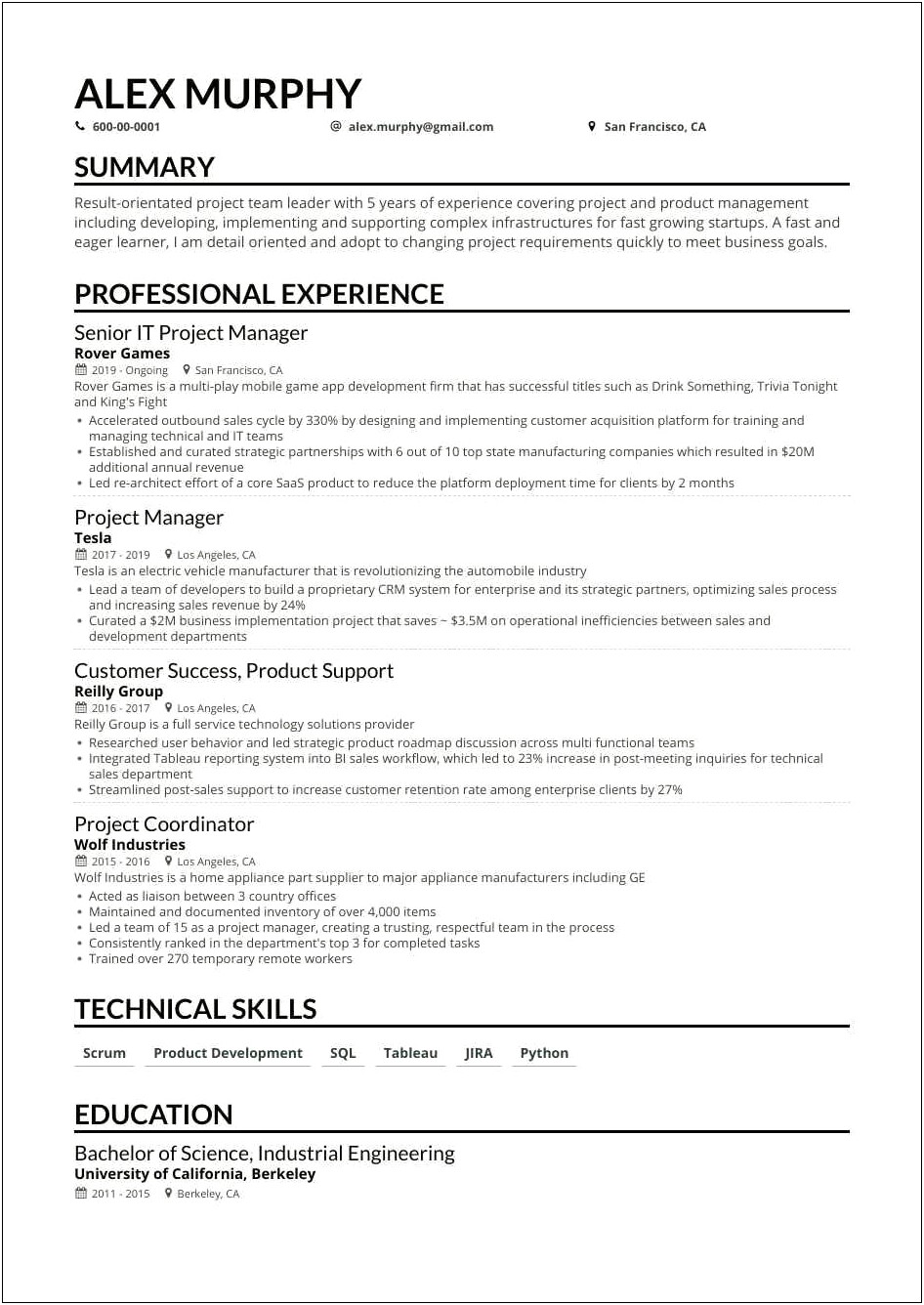 Resume Format For Project Manager In Interior Design