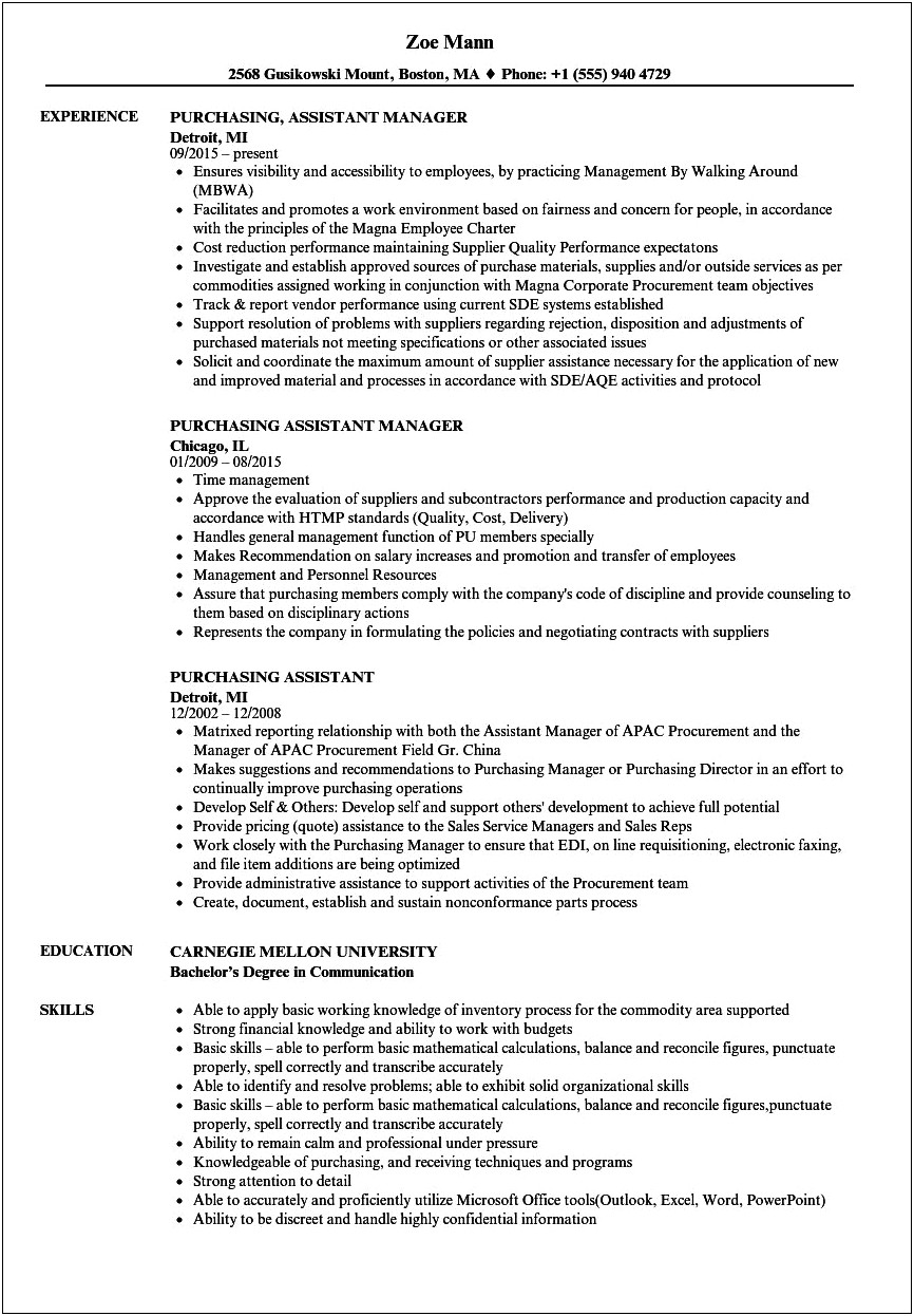 Resume Format For Purchase Assistant Manager