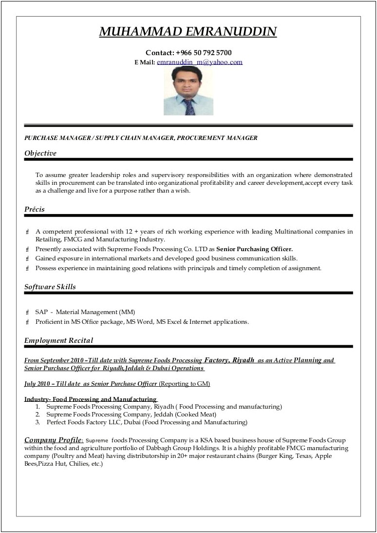 Resume Format For Purchase Manager In Word Format