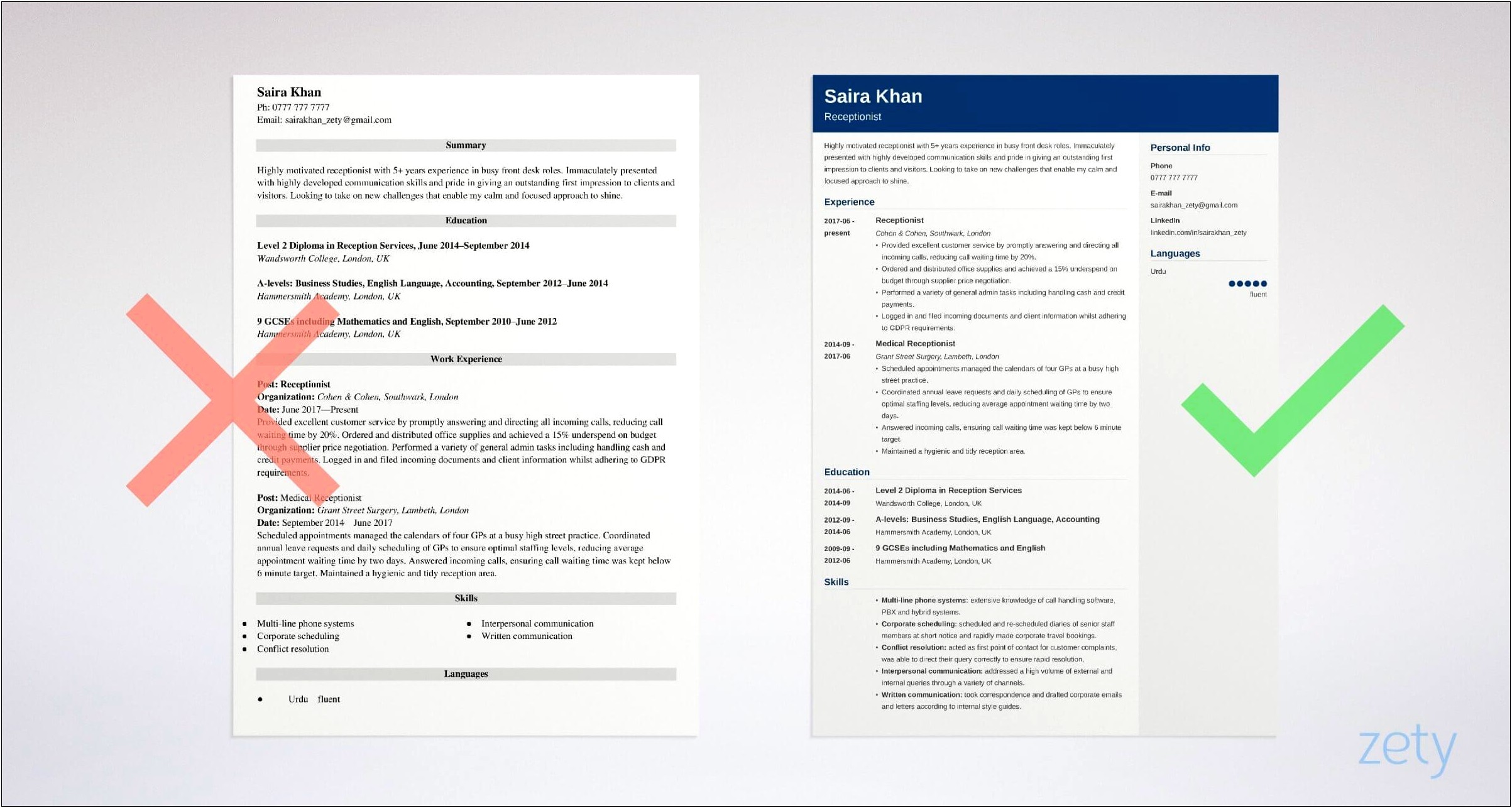 Resume Format For Receptionist Job