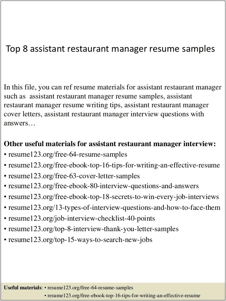 Resume Format For Restaurant Manager