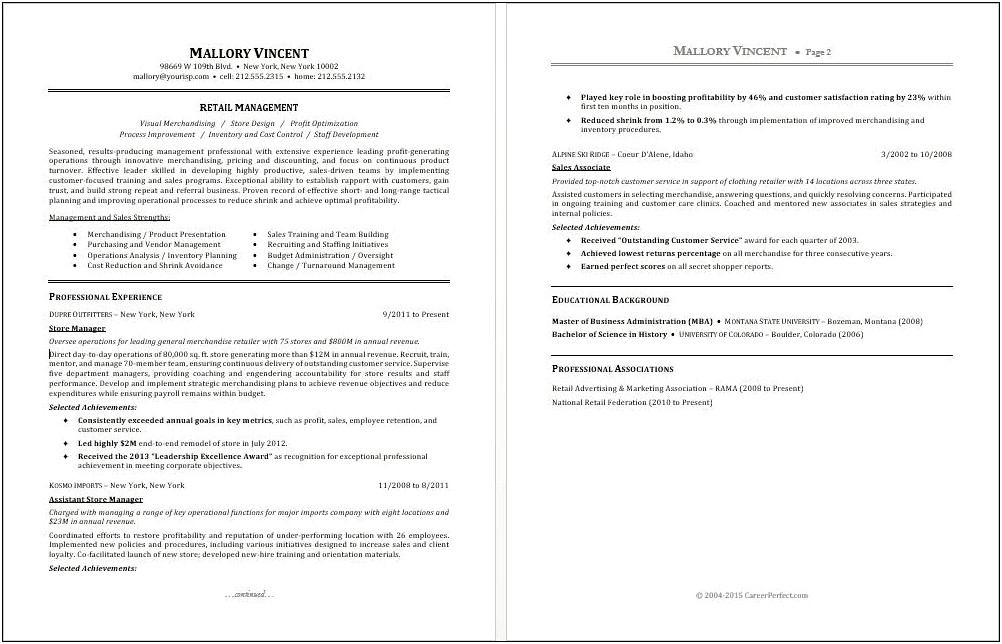 Resume Format For Retail Manager