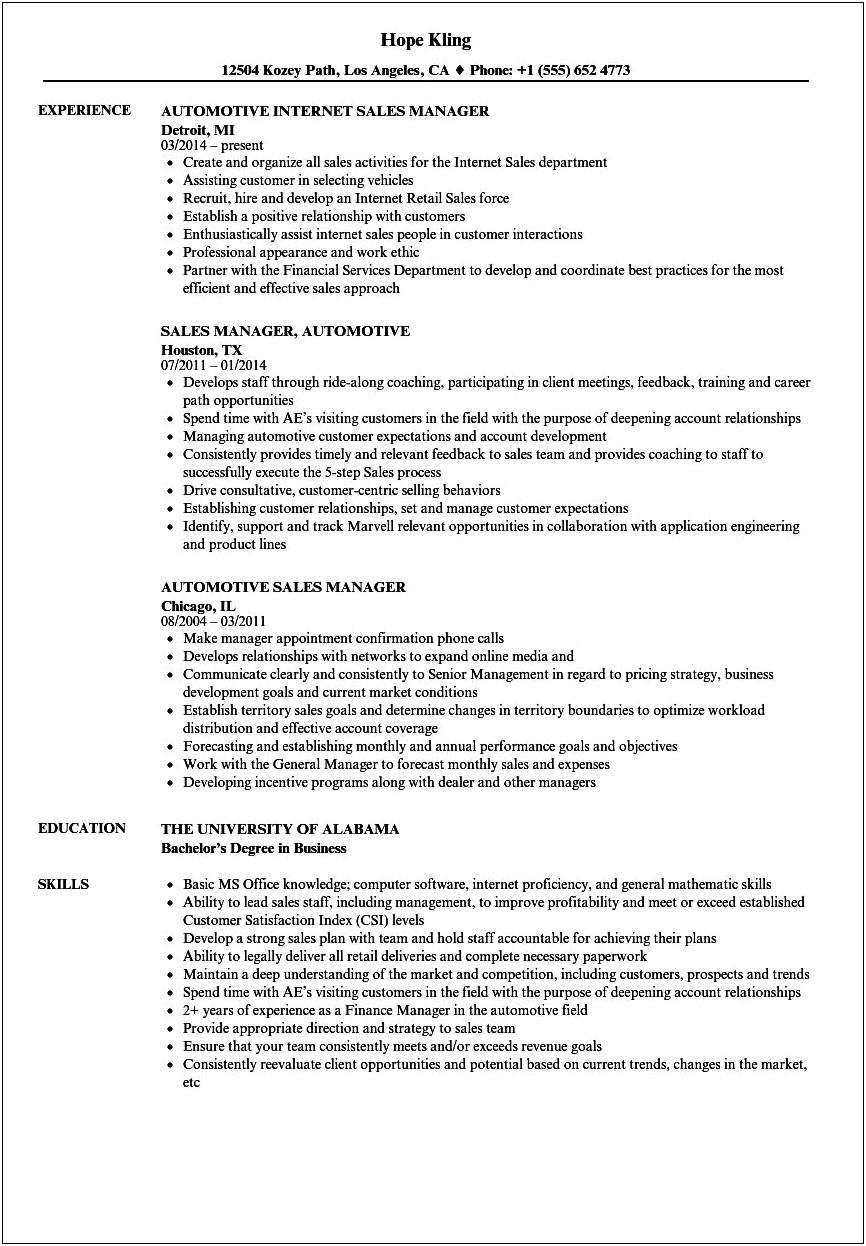 Resume Format For Sales Manager In Automobile