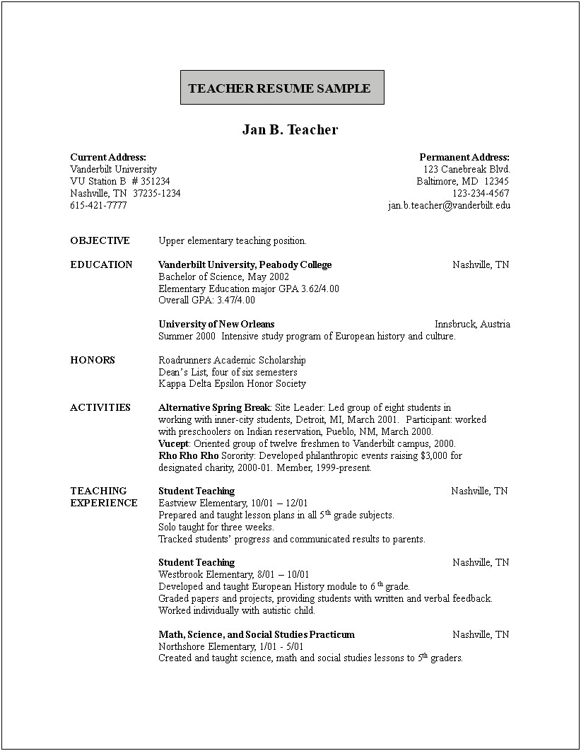 Resume Format For School Teacher In India