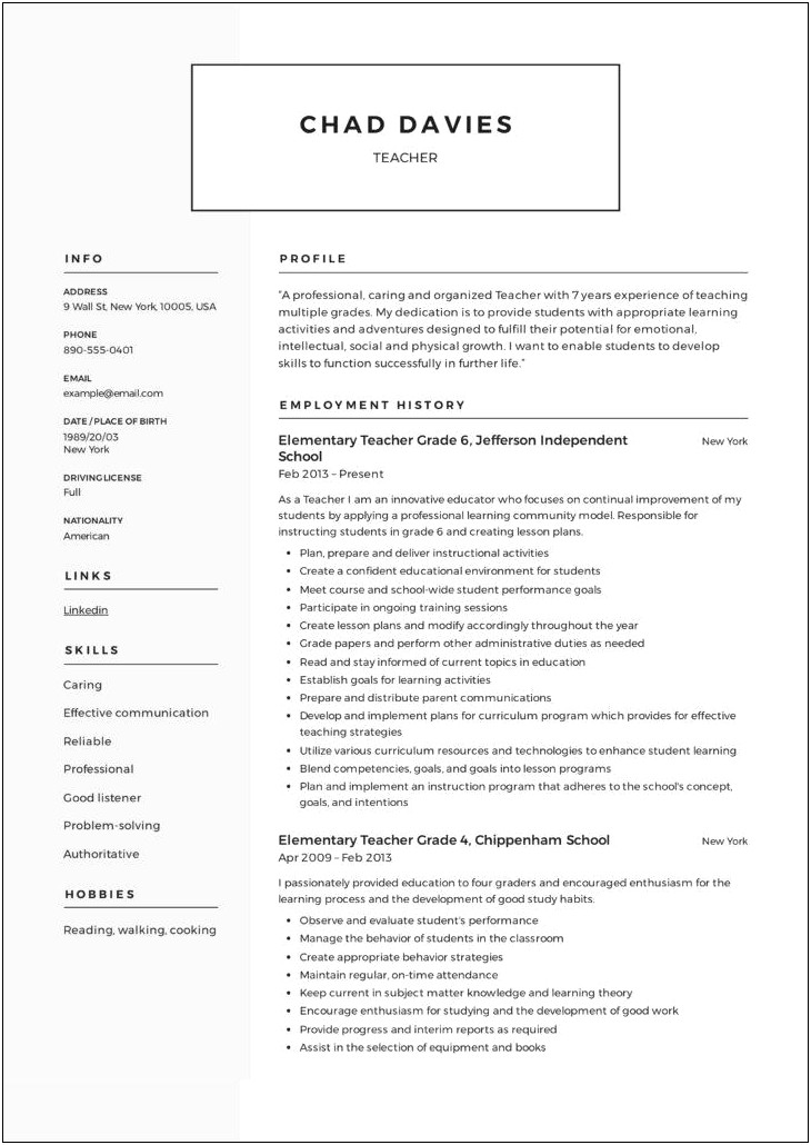 Resume Format For School Teacher Pdf