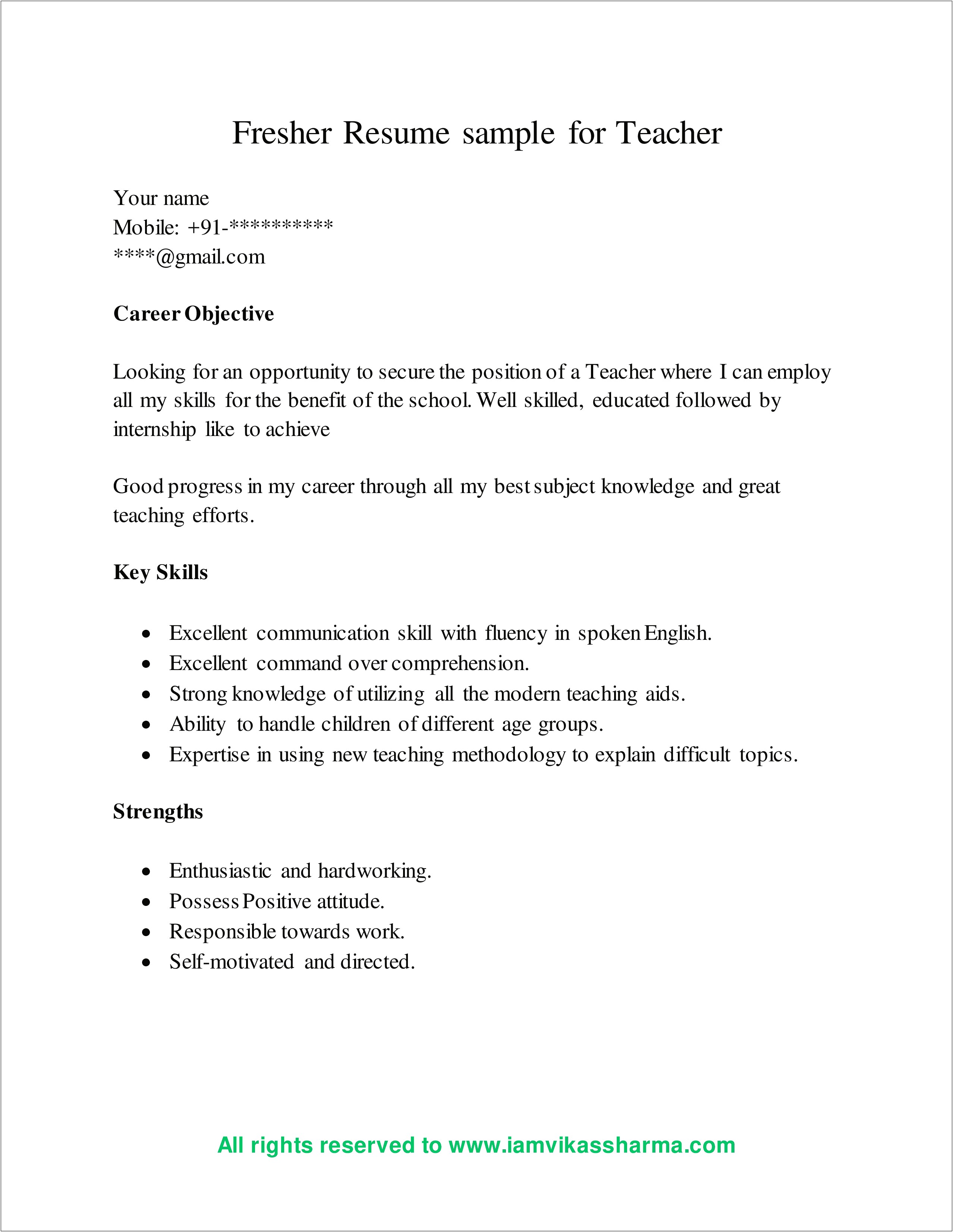 Resume Format For School Teachers Freshers In India