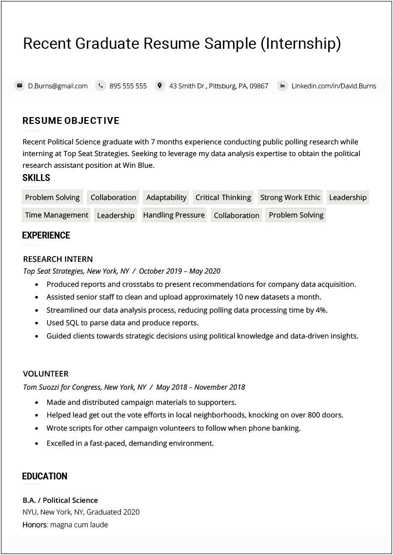 Resume Format For Second Job After College
