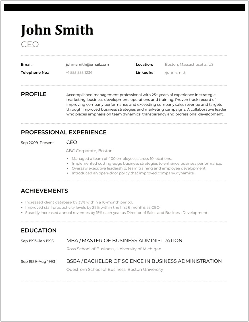 Resume Format For Senior Management Position