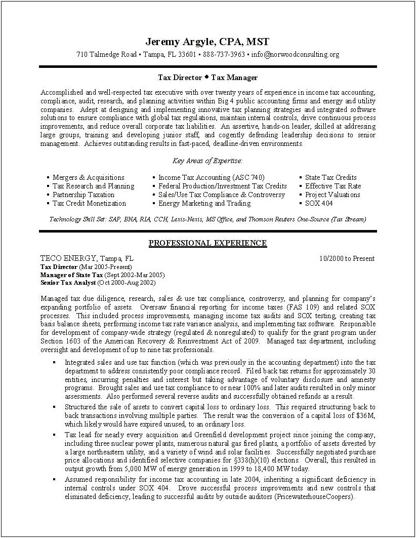 Resume Format For Taxation Manager