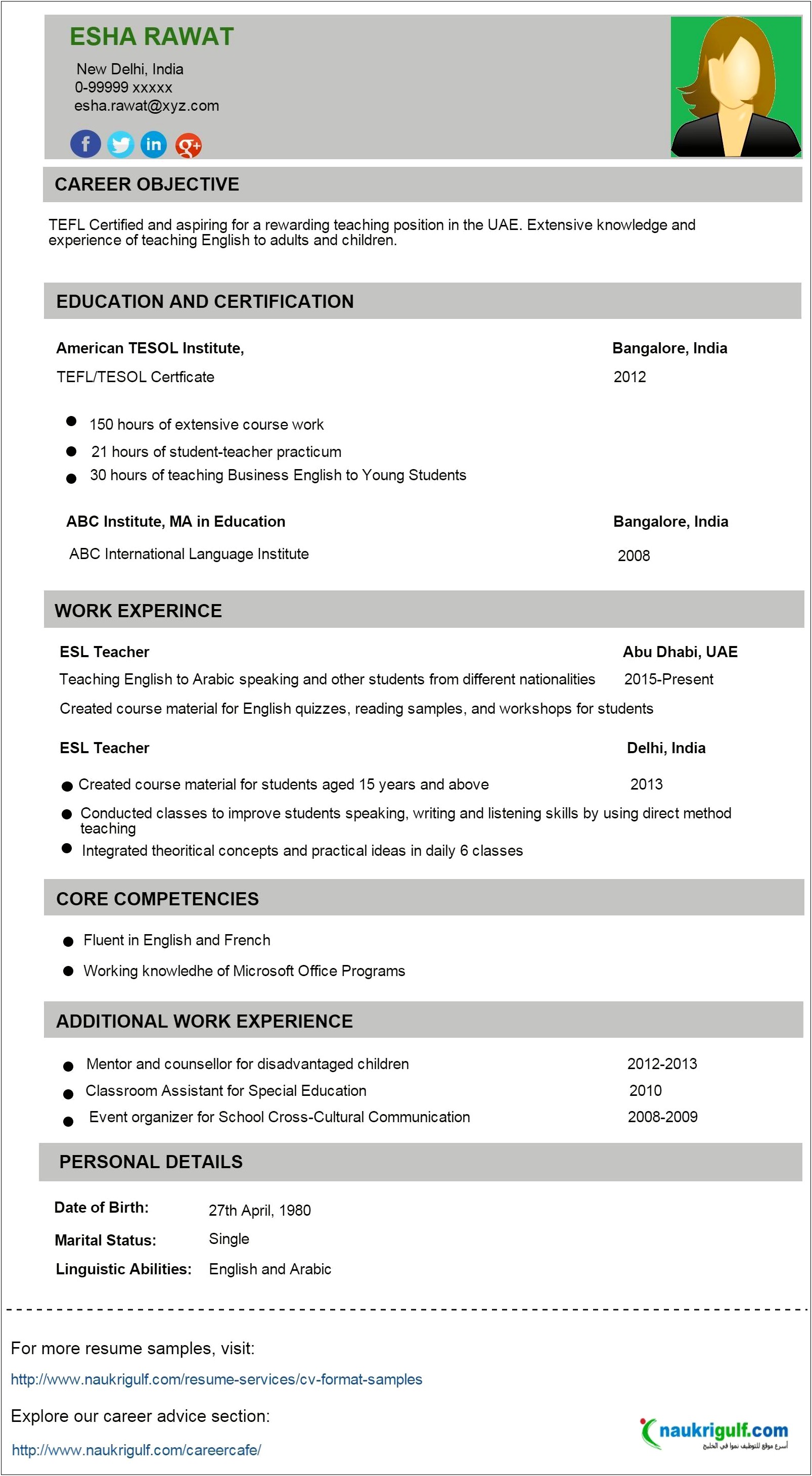 Resume Format For Teacher Job