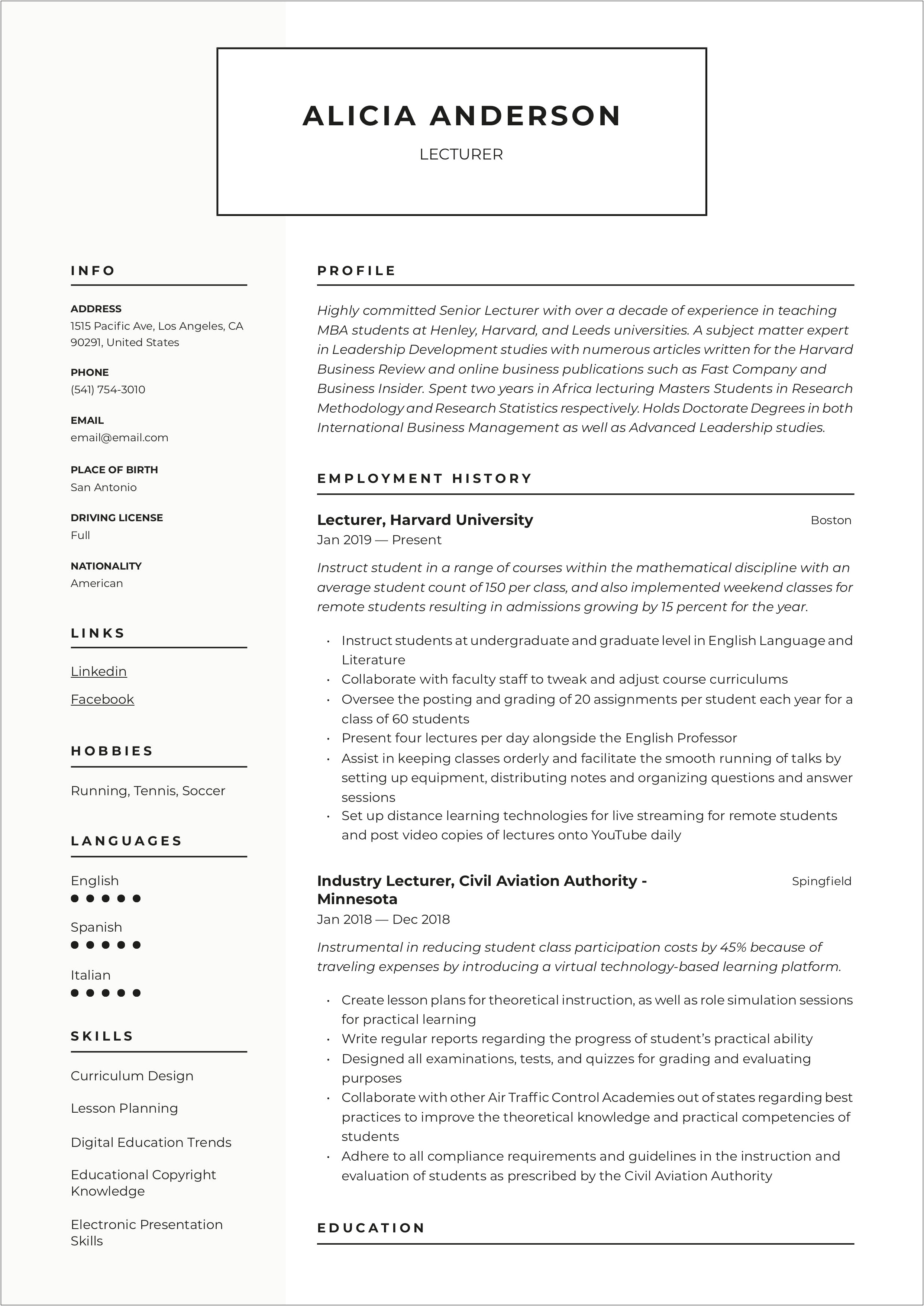 Resume Format For Teaching Job In College