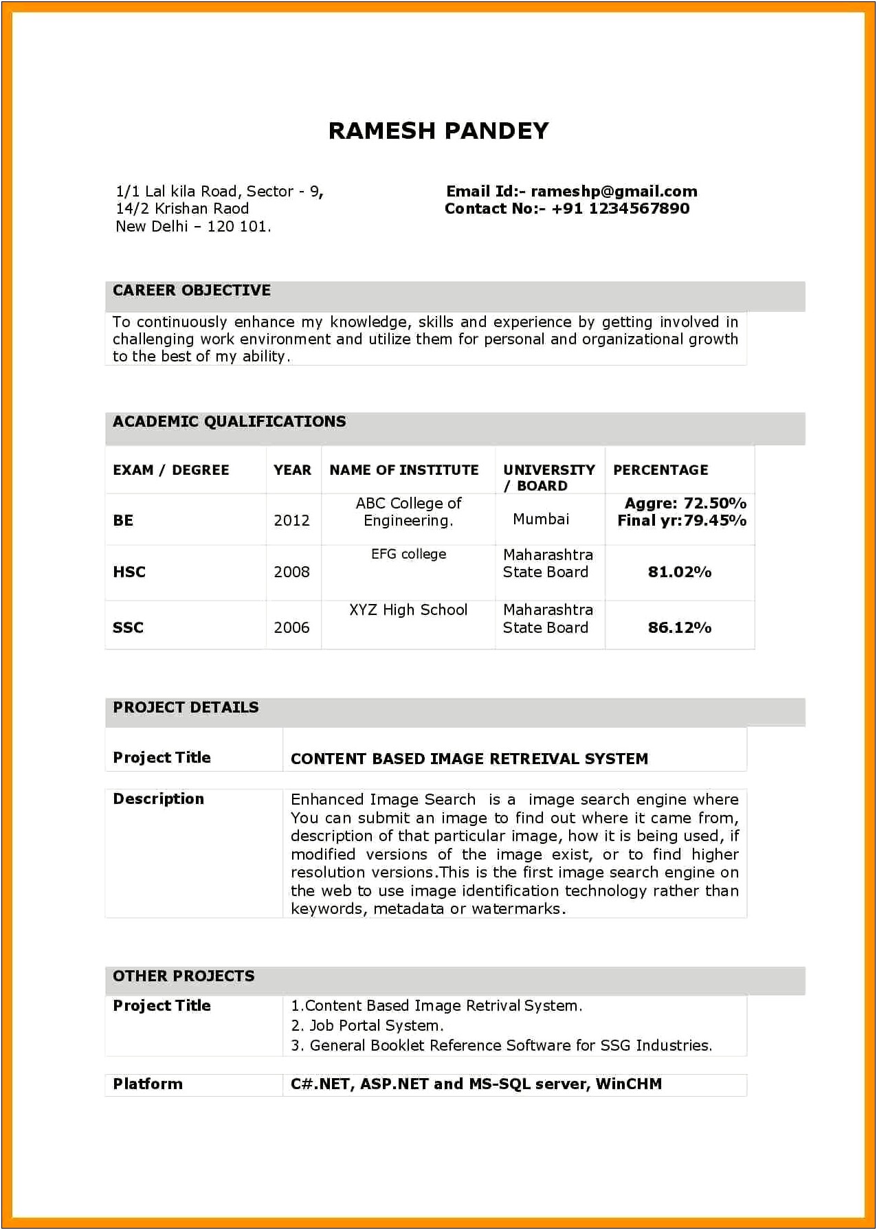 Resume Format Free Download In India