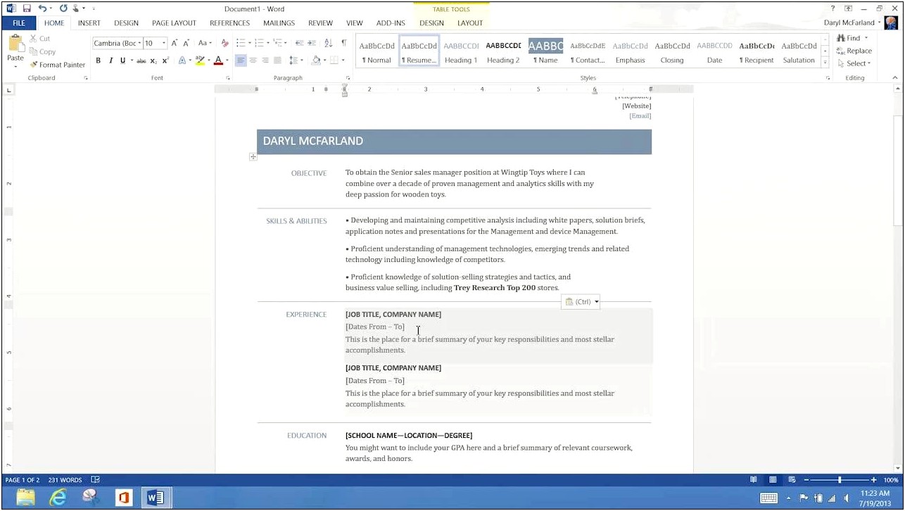 Resume Format Free Download In Ms Word 2013
